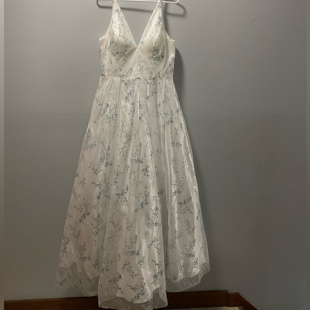 Beautiful White with Blue Flowers & Sliver Glitter, Women’s Formal/ Prom Dress.